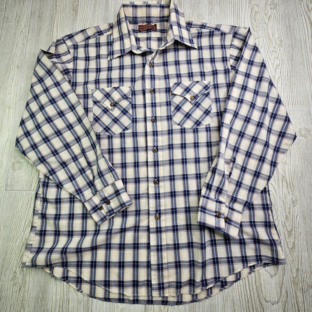 Vintage Kingsport Plaid Button Up Shirt Mens XL Blue And Tan